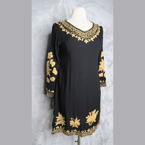 WAYAN NATURAL WEAR Black Tunic Dress Size S Floral Embroidered Bell Sleeves - Picture 6 of 11
